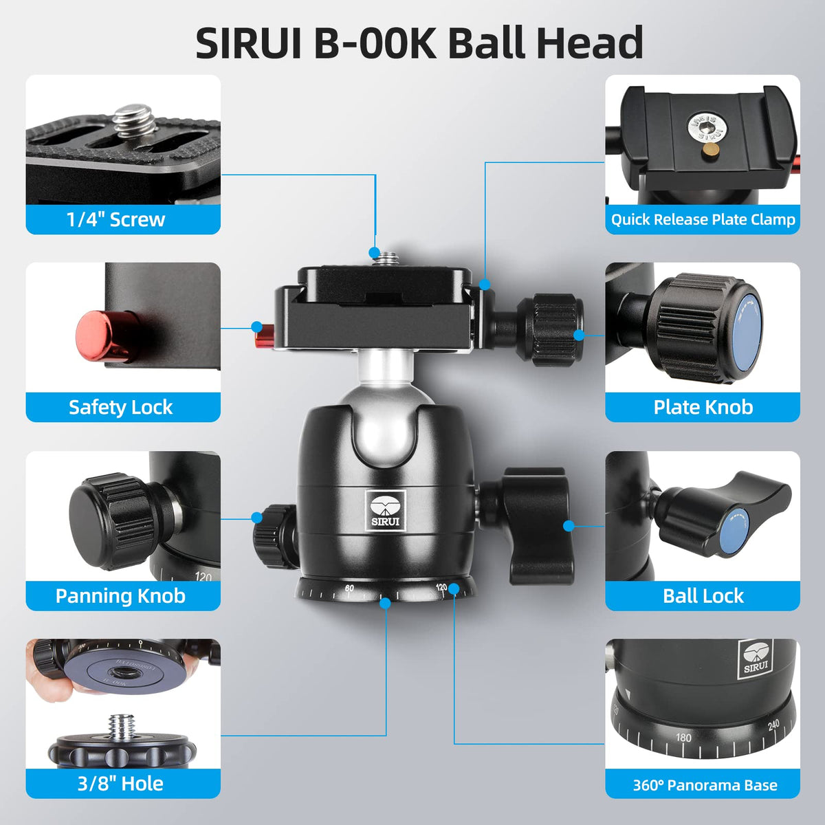 SIRUI Camera Tripod Ball Head, 10KG/22.05lbs Loading Capacity, 360°Panning Base, Aluminum Build Quality, Safety Lock, Universal Mounting Plate for Easy Attachment (B-00K Ball Head)