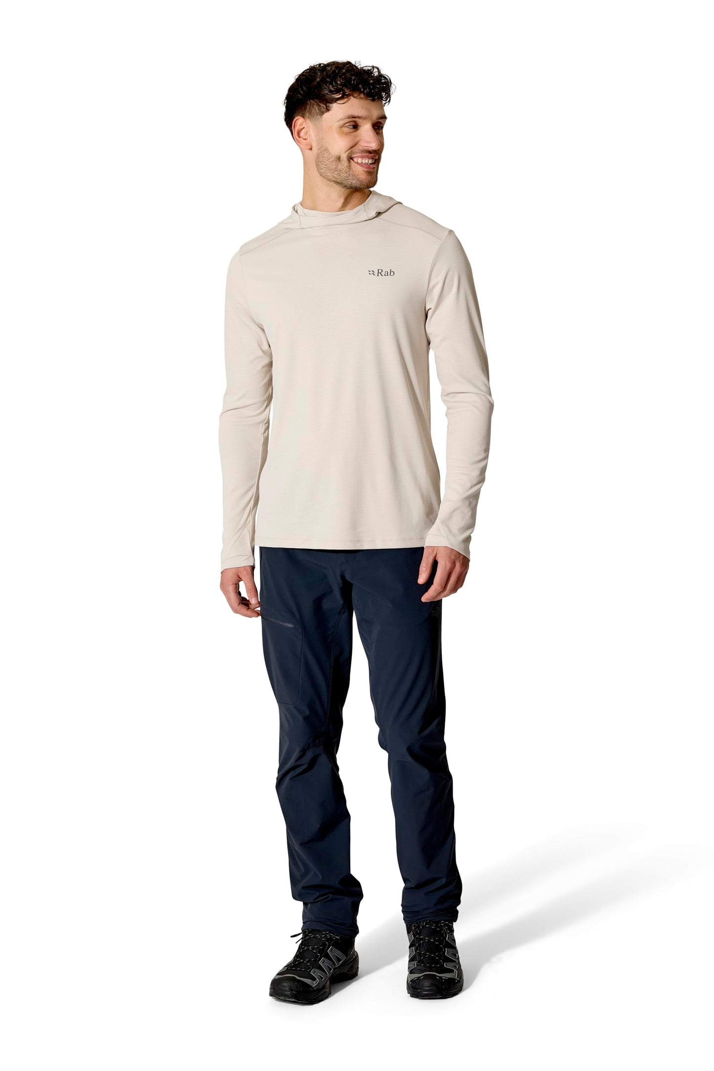 Rab Men's Force Hoody - Lightweight Long-Sleeve Hooded Baselayer Shirt for Hiking, Climbing, & Trail Running - Pebble - Small