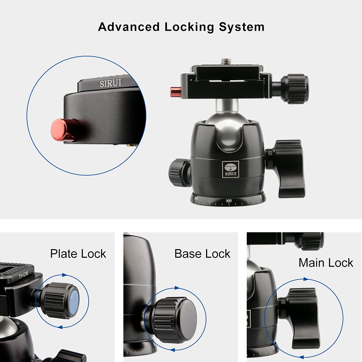 SIRUI Camera Tripod Ball Head, 10KG/22.05lbs Loading Capacity, 360°Panning Base, Aluminum Build Quality, Safety Lock, Universal Mounting Plate for Easy Attachment (B-00K Ball Head)