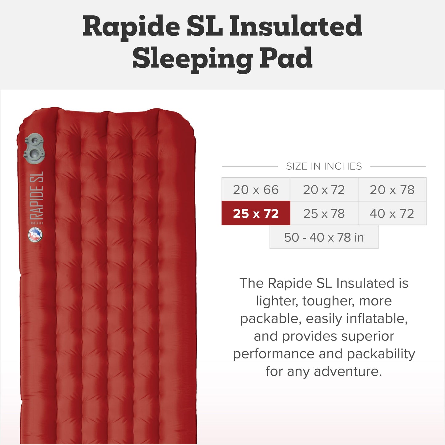 Big Agnes Rapide SL - Insulated Sleeping Pad, Ultralight, All Season Compact Backpacking and Hiking, Pumphouse Sack Included, Orange, 25x72 Wide Regular